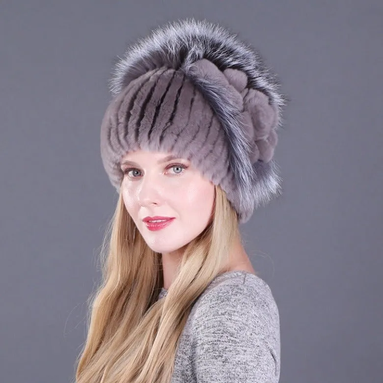 Women's autumn and winter Rex rabbit fur warm flower hat thickened ear protection elastic hat