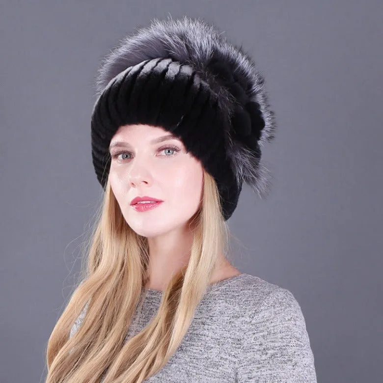 Women's autumn and winter Rex rabbit fur warm flower hat thickened ear protection elastic hat