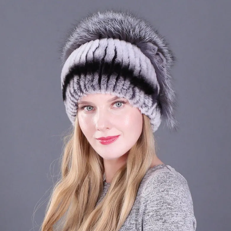 Women's autumn and winter Rex rabbit fur warm flower hat thickened ear protection elastic hat