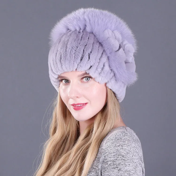 Women's autumn and winter Rex rabbit fur warm flower hat thickened ear protection elastic hat