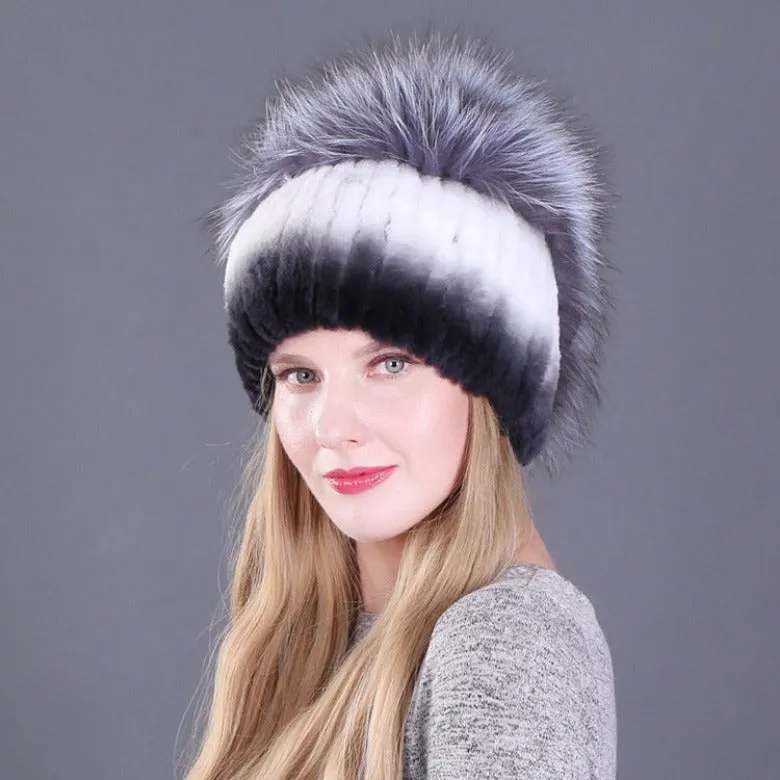 Women's autumn and winter Rex rabbit fur warm flower hat thickened ear protection elastic hat