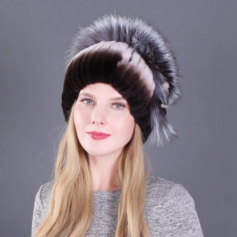 Women's autumn and winter Rex rabbit fur warm flower hat thickened ear protection elastic hat