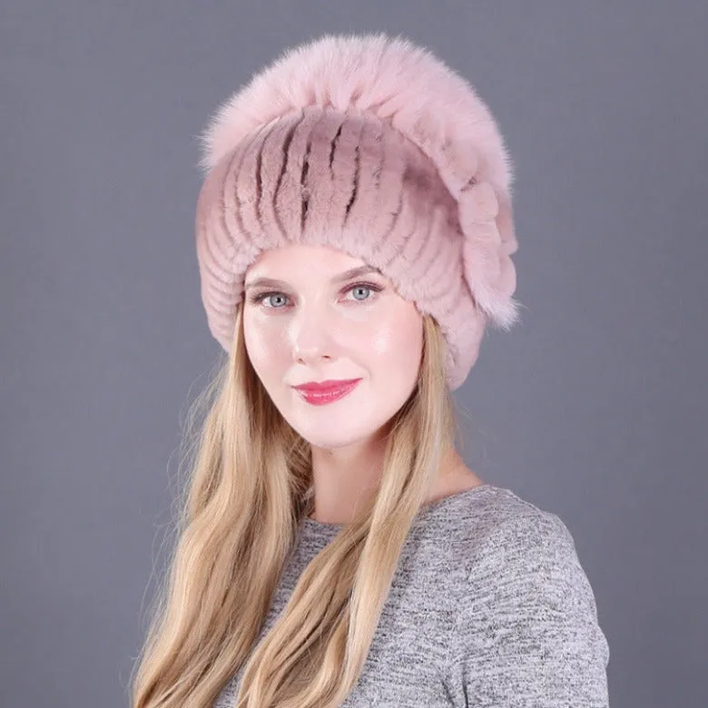Women's autumn and winter Rex rabbit fur warm flower hat thickened ear protection elastic hat