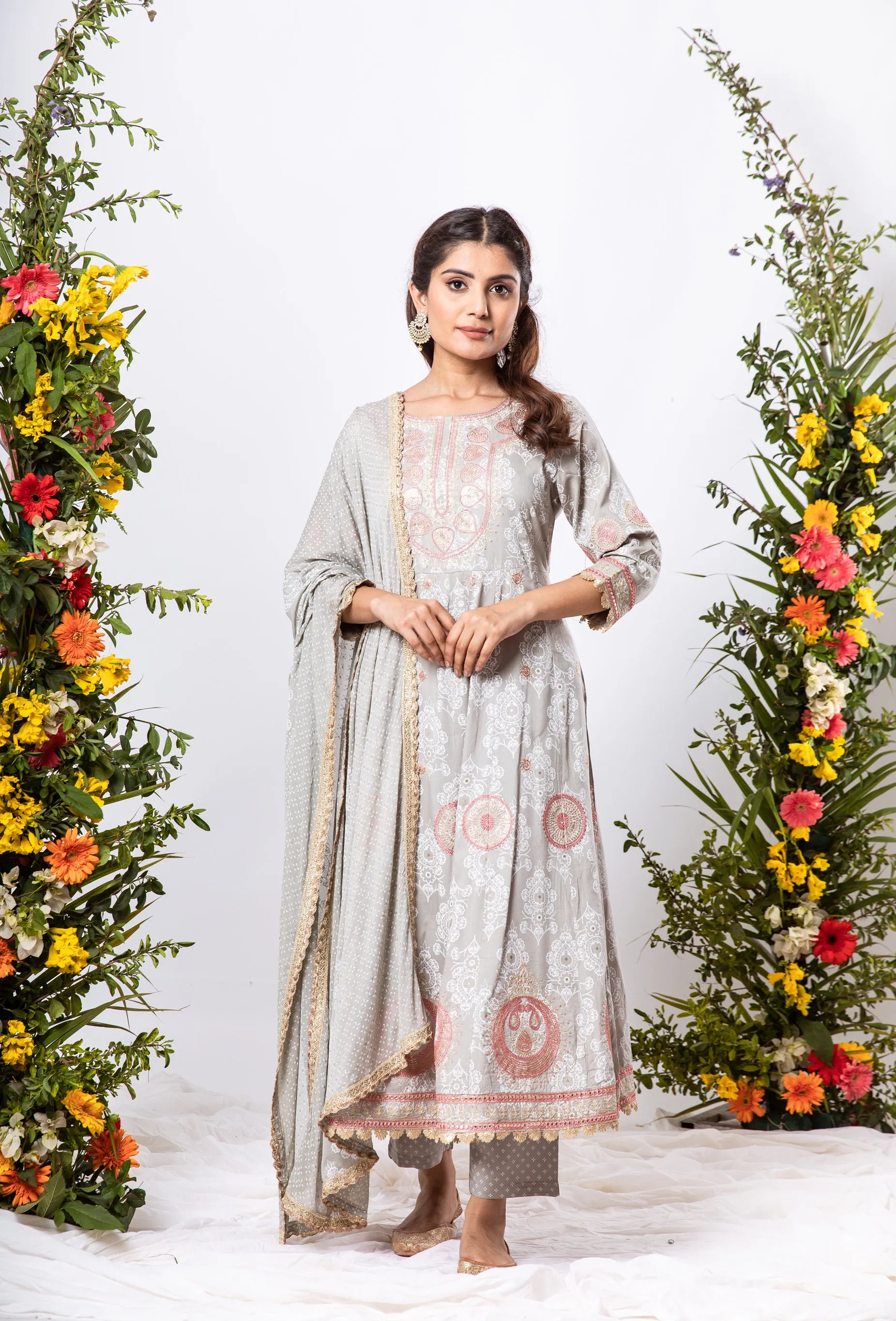 Womens Rayon Grey Anarkali Kurta Pant and Dupatta With Fancy Potli Set