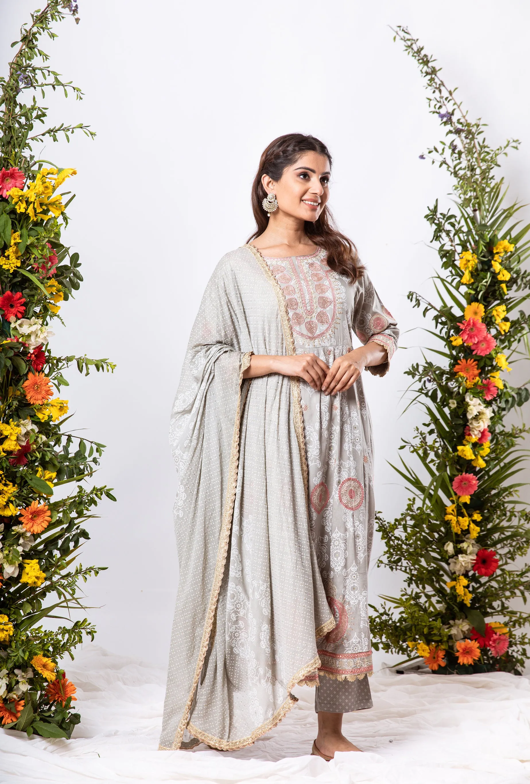 Womens Rayon Grey Anarkali Kurta Pant and Dupatta With Fancy Potli Set