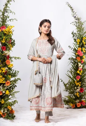 Womens Rayon Grey Anarkali Kurta Pant and Dupatta With Fancy Potli Set