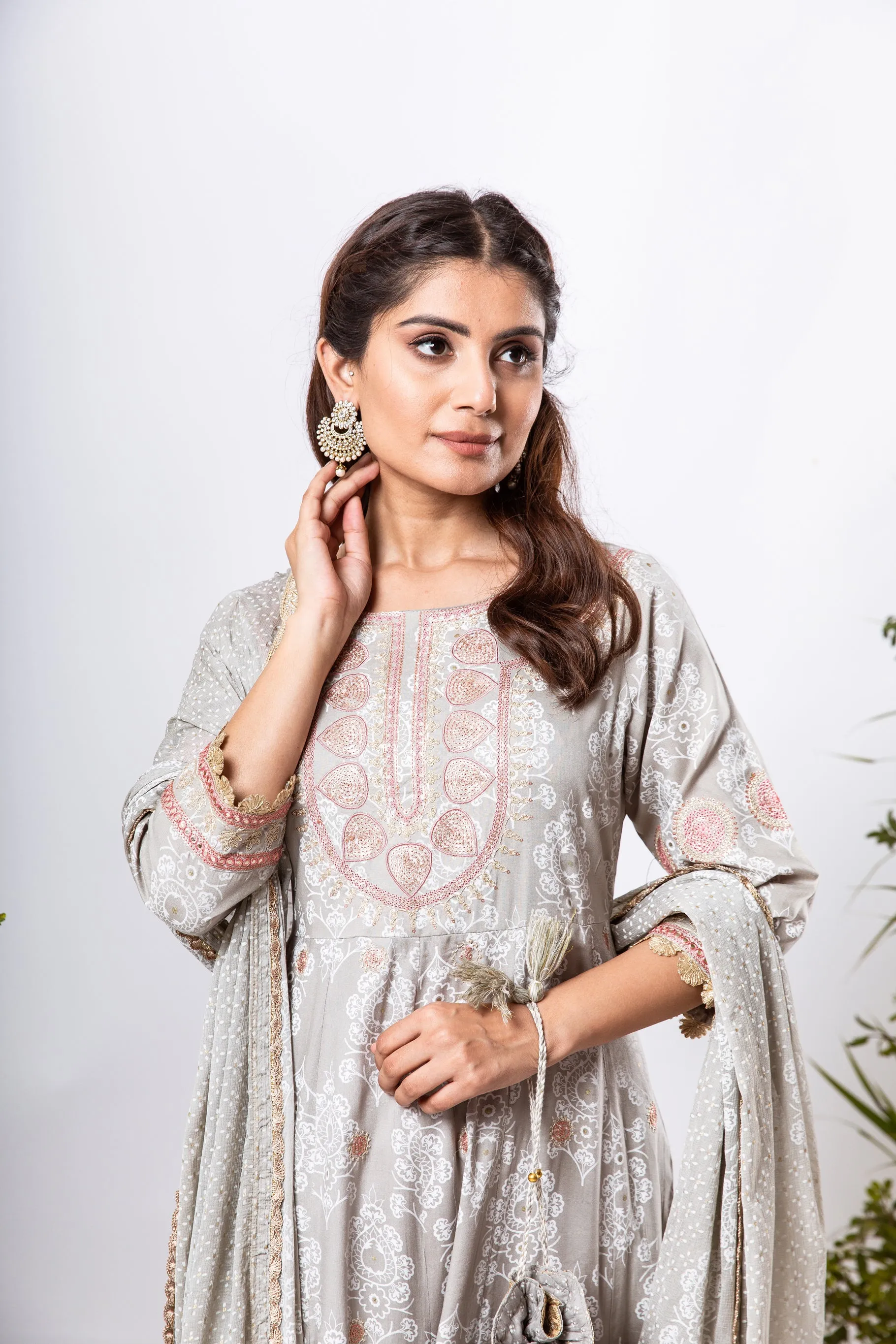 Womens Rayon Grey Anarkali Kurta Pant and Dupatta With Fancy Potli Set