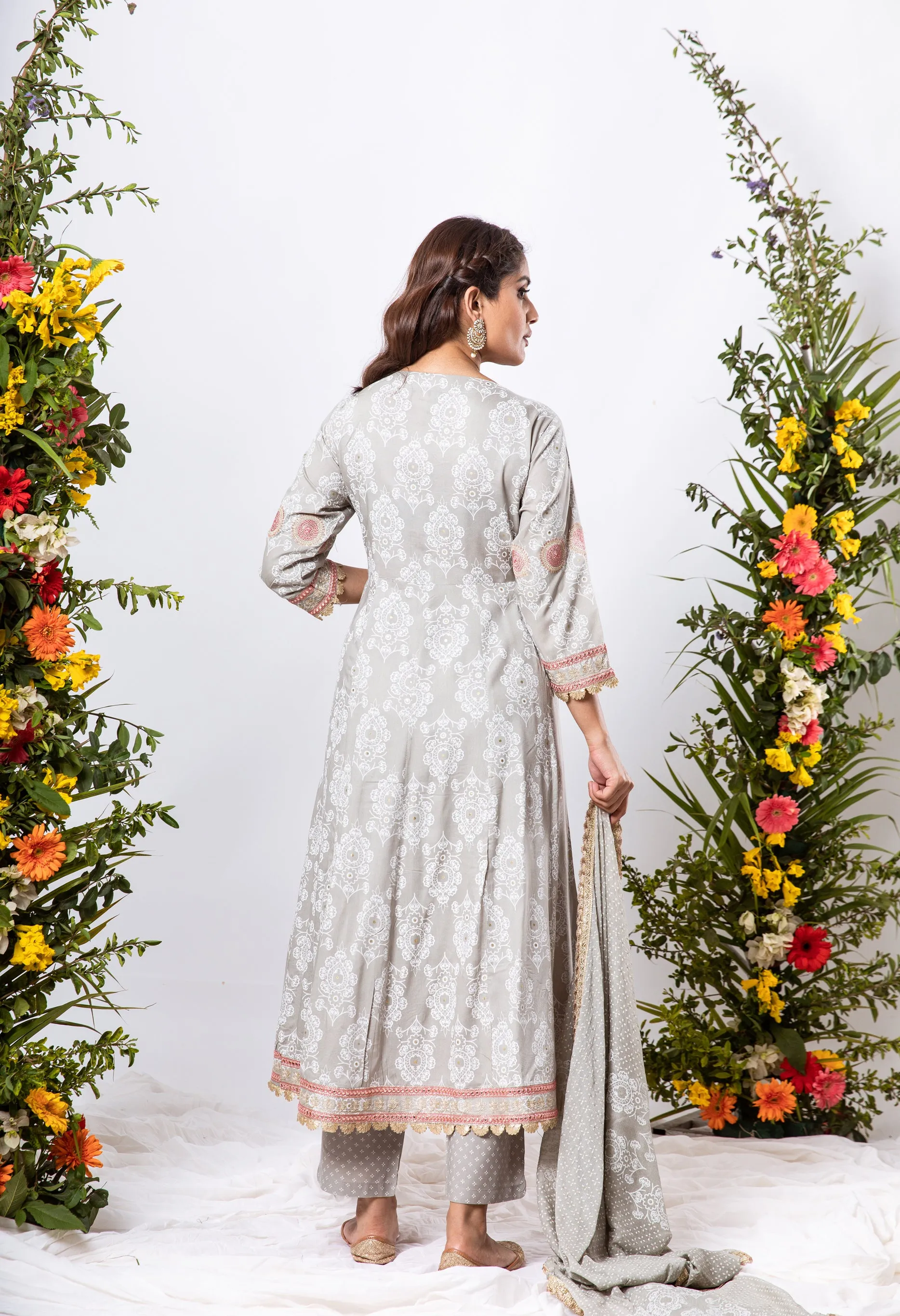 Womens Rayon Grey Anarkali Kurta Pant and Dupatta With Fancy Potli Set