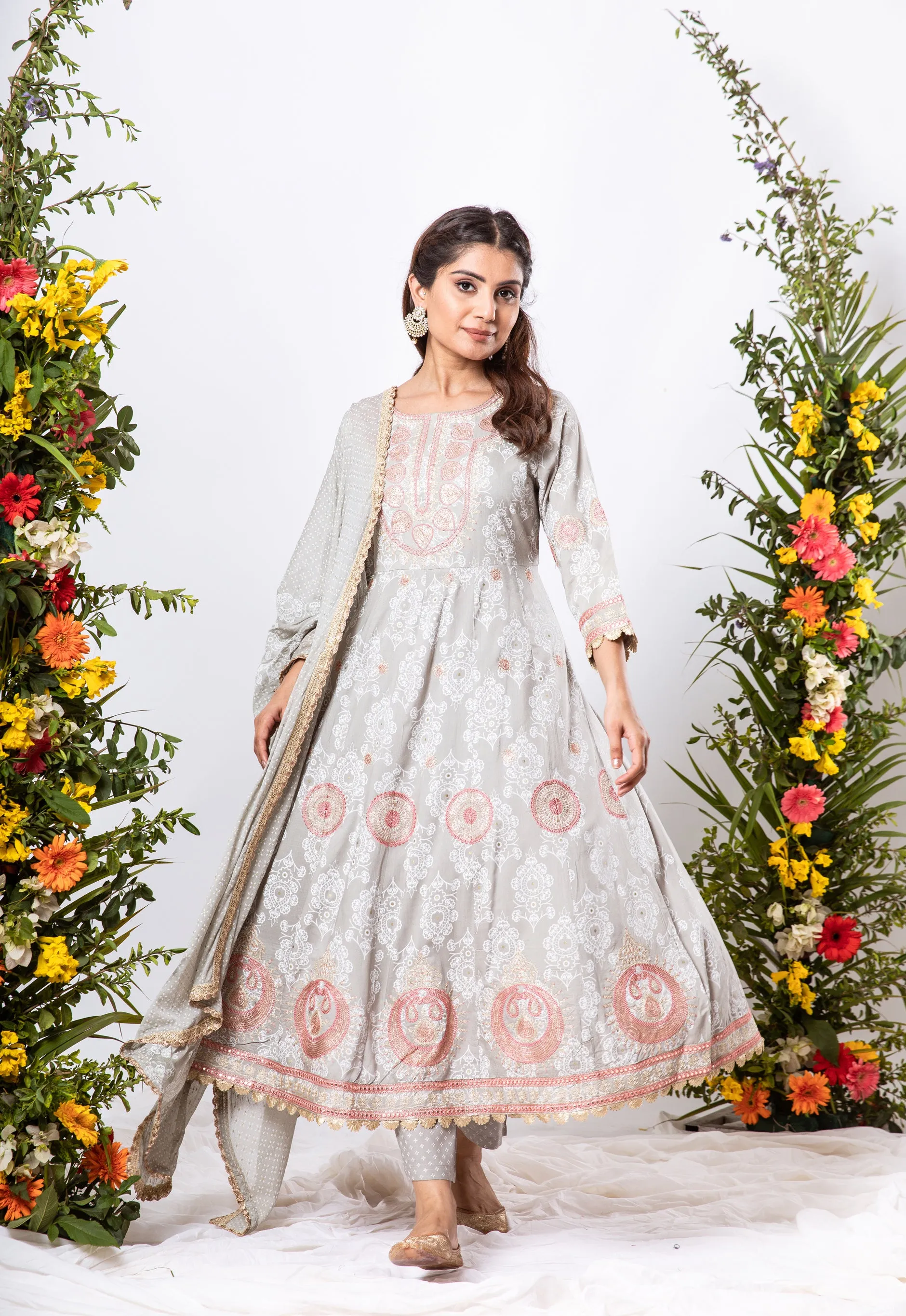 Womens Rayon Grey Anarkali Kurta Pant and Dupatta With Fancy Potli Set