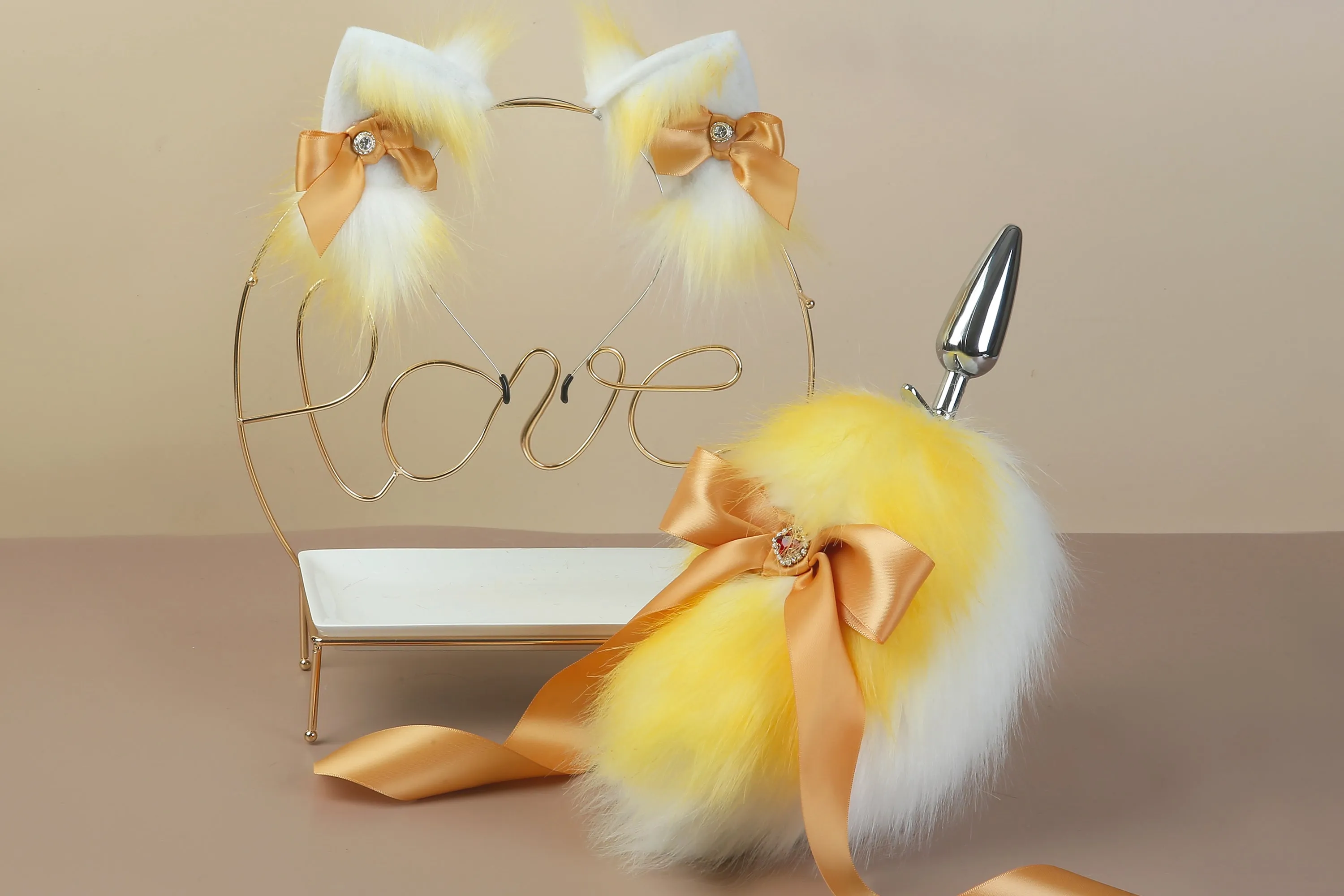 Yellow and white bow tail plug and ear set short tail butt plug and ear kitten tail buttplug bdsm sex toy petplay neko cosplay anime