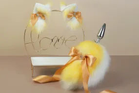 Yellow and white bow tail plug and ear set short tail butt plug and ear kitten tail buttplug bdsm sex toy petplay neko cosplay anime