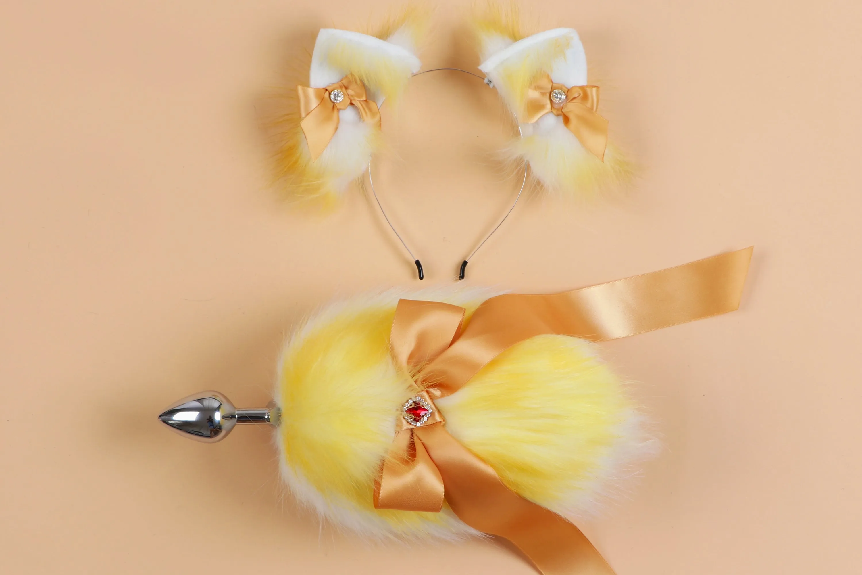 Yellow and white bow tail plug and ear set short tail butt plug and ear kitten tail buttplug bdsm sex toy petplay neko cosplay anime