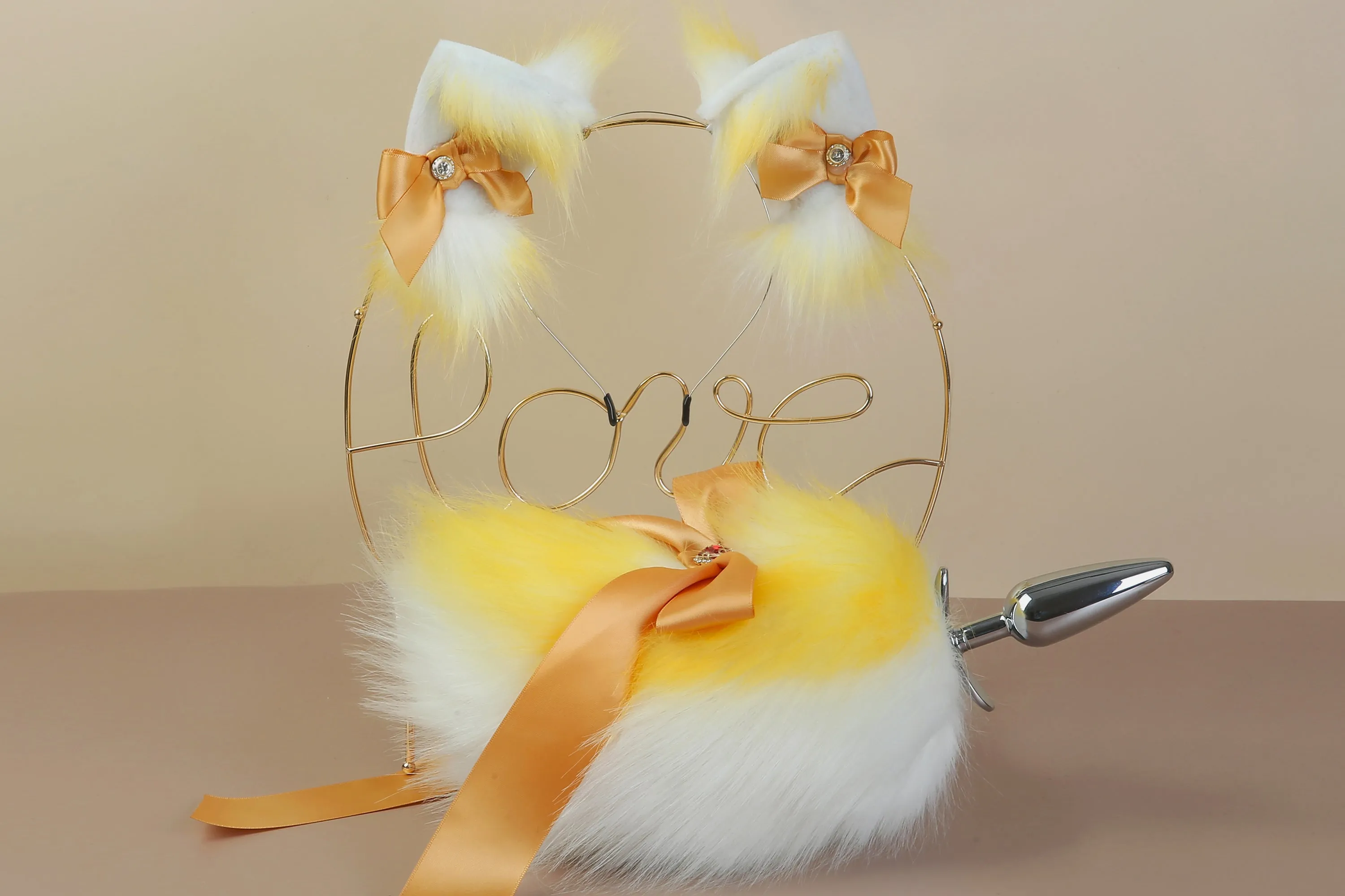 Yellow and white bow tail plug and ear set short tail butt plug and ear kitten tail buttplug bdsm sex toy petplay neko cosplay anime