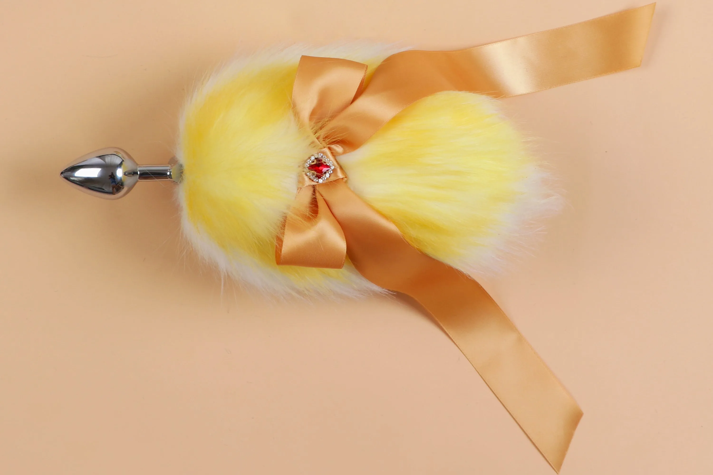 Yellow and white bow tail plug and ear set short tail butt plug and ear kitten tail buttplug bdsm sex toy petplay neko cosplay anime
