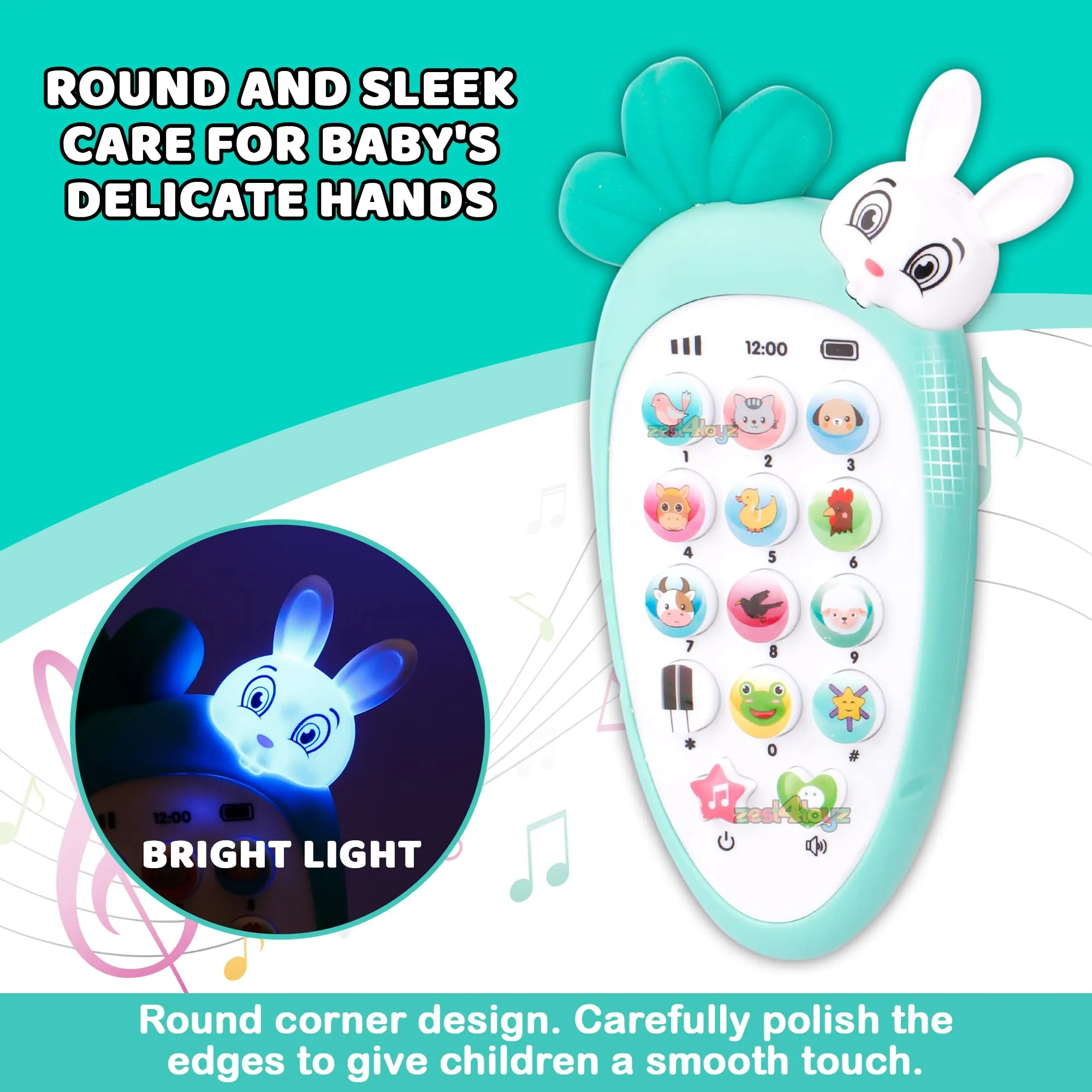 zest 4 toyz Mobile Phone Toys for Kids Smart Phone Cordless Feature Rabbit Mobile Musical Sound Toys with Smart Light Battery Operated Birthday Gifts for Girls Boys (Pack of 1) Battery Included