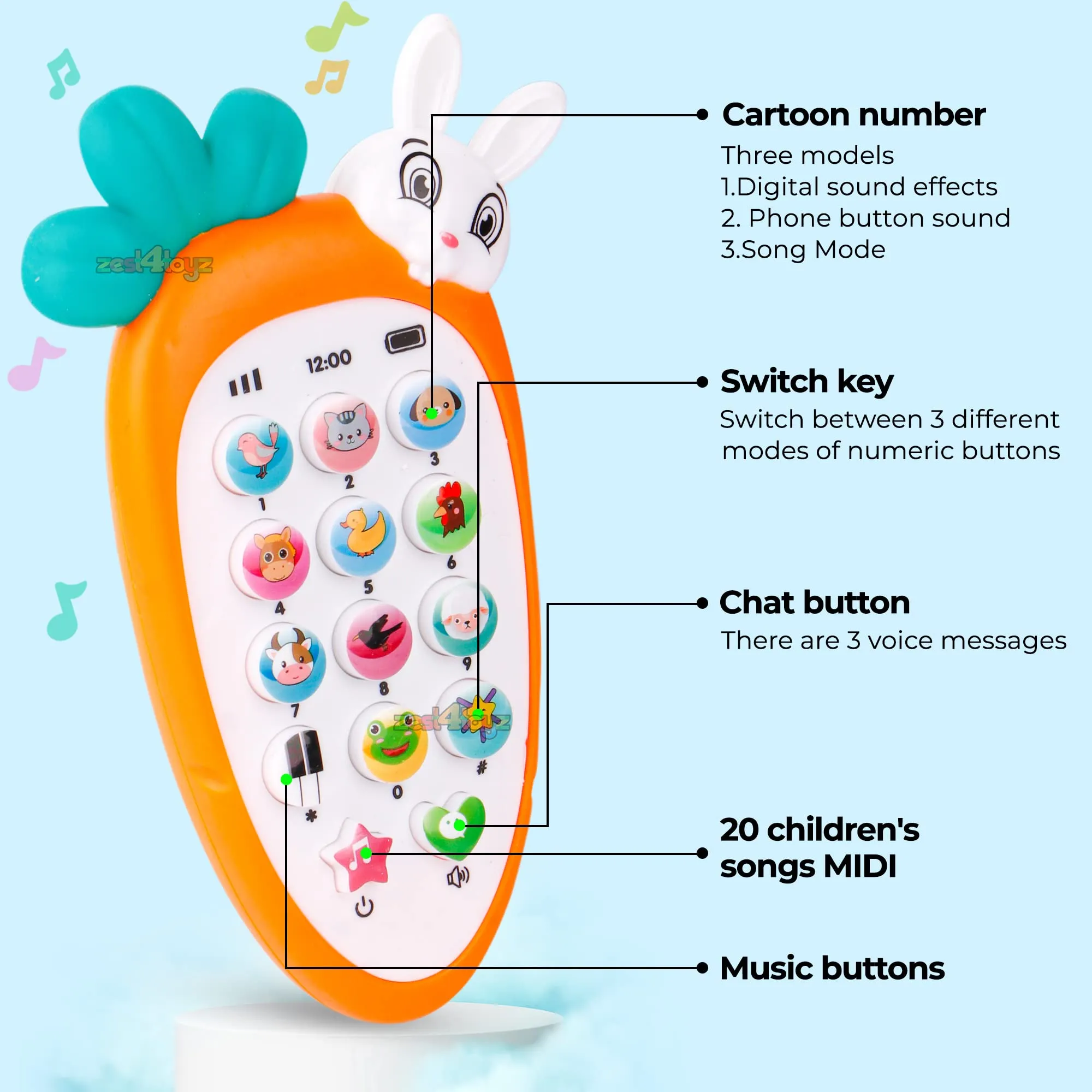 zest 4 toyz Mobile Phone Toys for Kids Smart Phone Cordless Feature Rabbit Mobile Musical Sound Toys with Smart Light Battery Operated Birthday Gifts for Girls Boys (Pack of 1) Battery Included