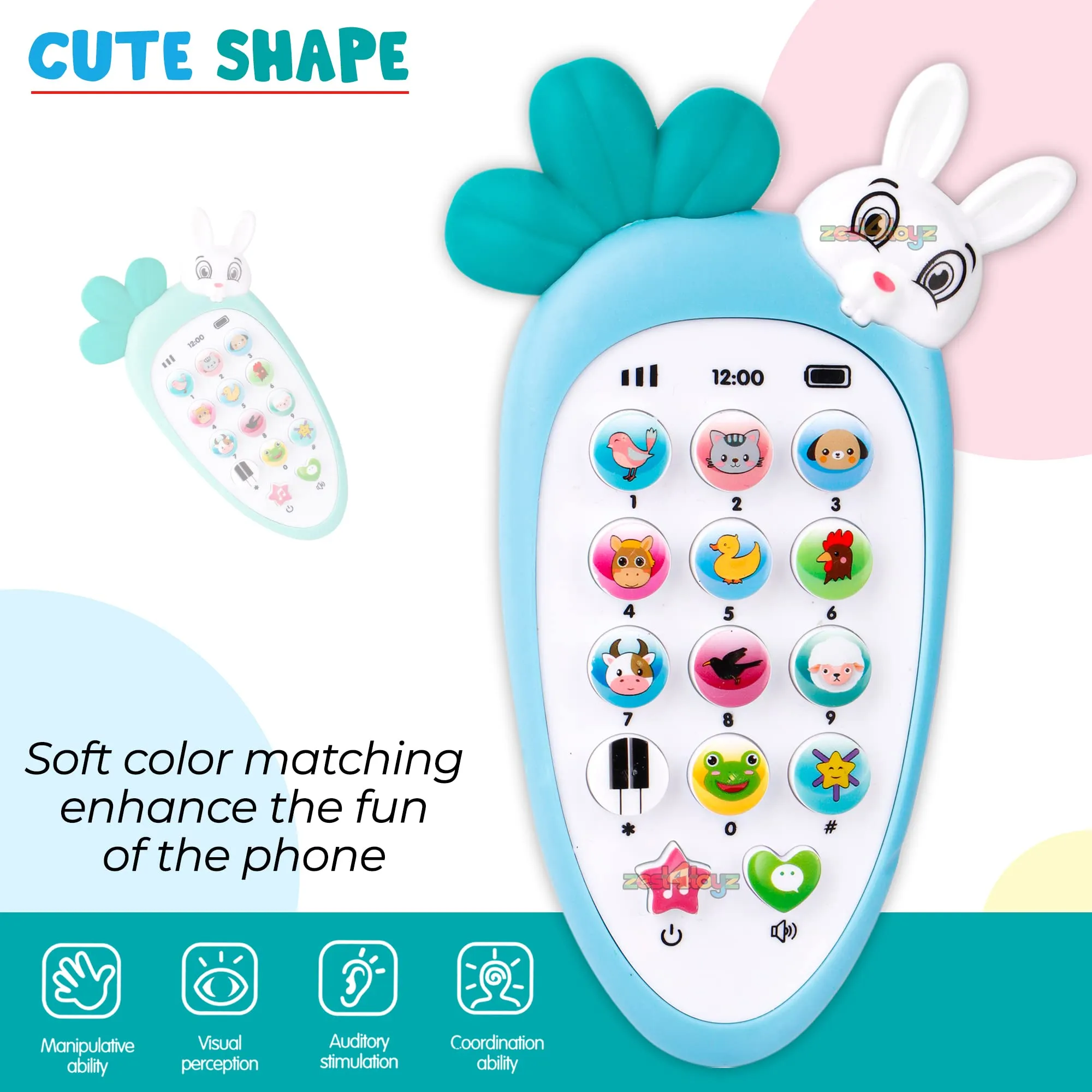 zest 4 toyz Mobile Phone Toys for Kids Smart Phone Cordless Feature Rabbit Mobile Musical Sound Toys with Smart Light Battery Operated Birthday Gifts for Girls Boys (Pack of 1) Battery Included